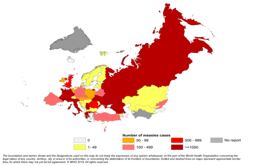 Figura 1 Mappa dei casi di morbillo nella Regione Europea (gennaio – giugno 2018)